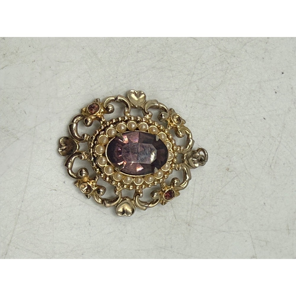 Vintage Gold Tone Purple Stone Faux Pearl Heart Filigree Oval Pendant